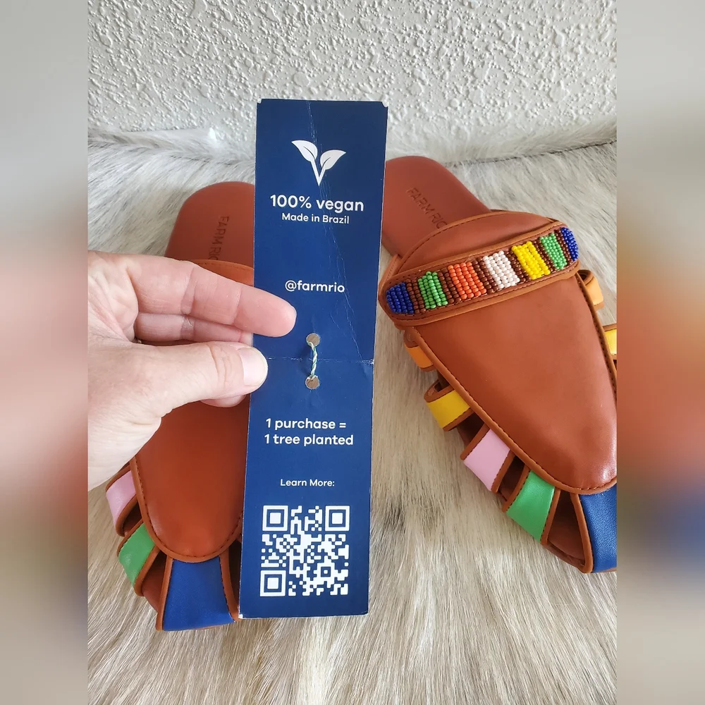Farm Rio Sandals Sz 8.5 Rainbow Beaded Mule Tan Multicolor Vegan Leather $240 - Picture 4 of 9